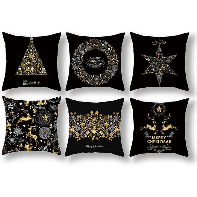 Juego de 6 fundas de almohada navideñas de 18 x 18 pulgadas, fundas de almohada decorativas de felpa negra y dorada con patrón de alce de corona navideña para el hogar, sofá, decoración navideña Ormromra WMPH-1596