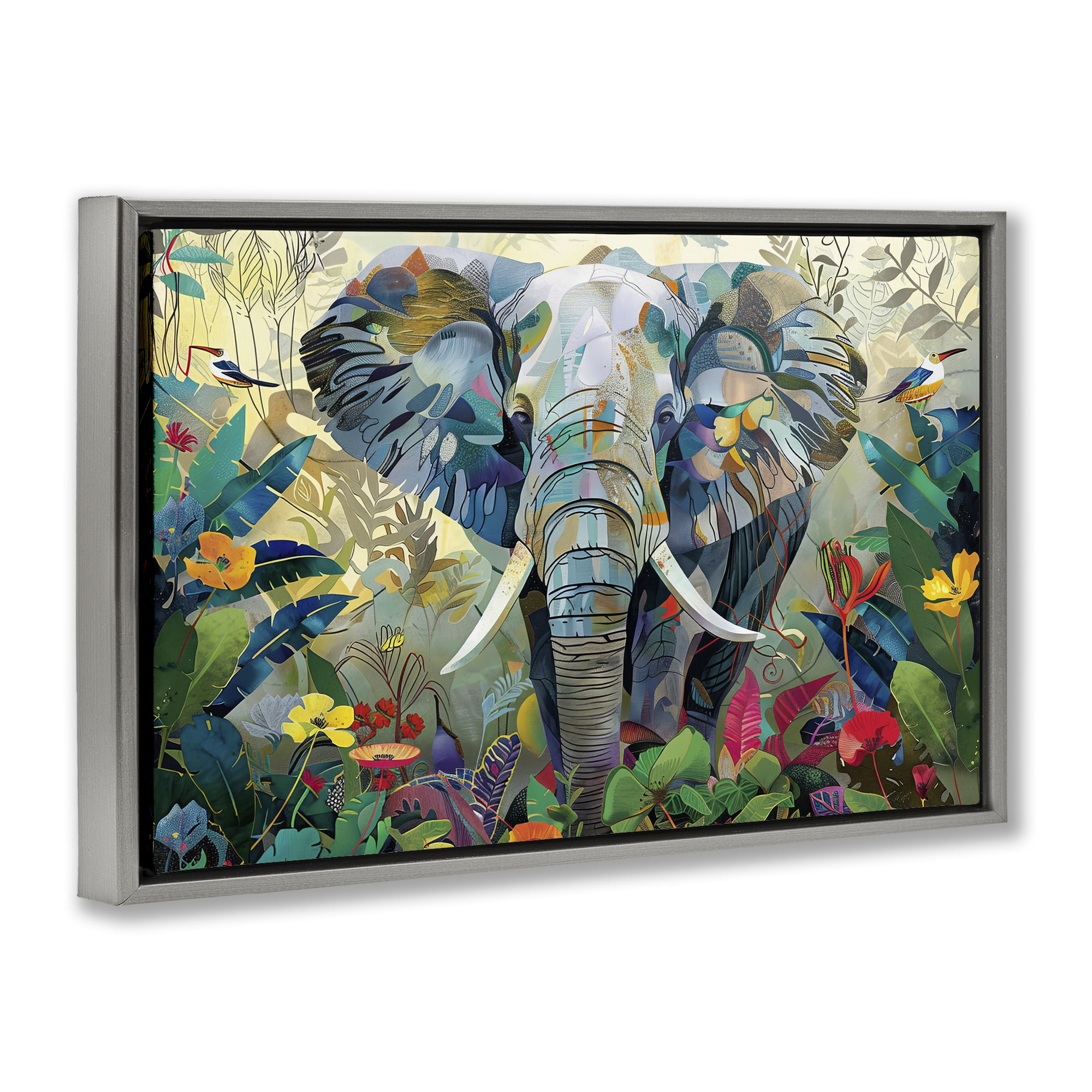 Stupell Industries Elephant's Realm in Tropical Bloom Gray Framed Floater Canvas Wall Art, design by Lazar Studio