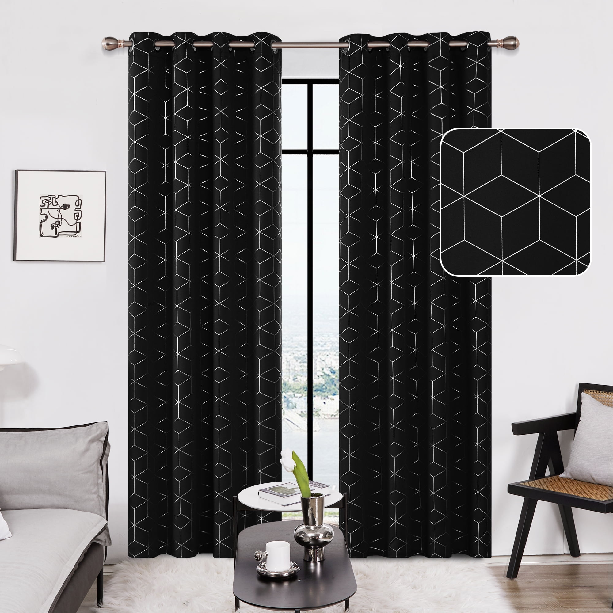 Deconovo Thermal Insulated Blackout Curtains - 2 Panels Grommet Room Darkening Curtains  for Bedroom, Silver Diamond Pattern (52' x 63', Black)