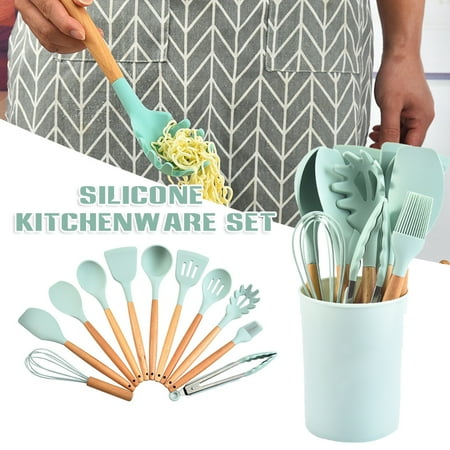 

Dreafly Cooking Utensils Set with Holder for Kitchen Non Stick 11 Pcs Cookware with Wooden Handle Cooking