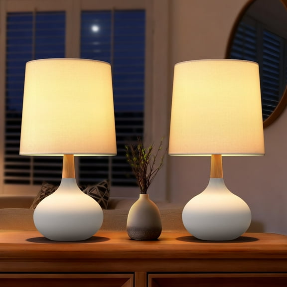 Yullili 14" Modern Ceramic Table Lamps Set of 2 – White Base with Fabric Shade, Small Bedside Lamps for Bedroom Living Room