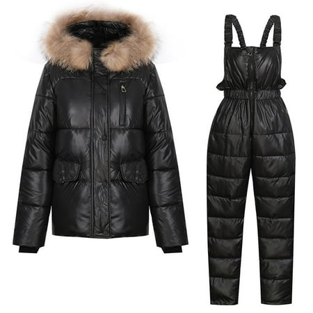 Awdenio Two Piece Winter Outfits For Women 2023 Woman Winter Outdoor Snow Sports Jumpsuit Collar Coat Fashion Windproof Hooded Snowsuit
