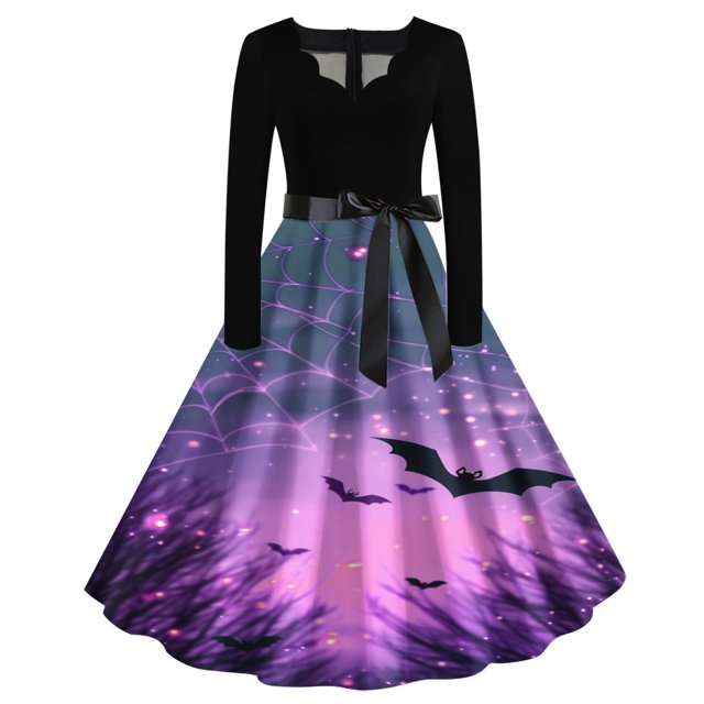 Long Dress with Sleeves,Summer Casual Dress,Ladies Casual Long Sleeved V-Neck Printed Fashionable Strap Dress