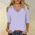 thumbnail image 2 of Womens Cold Shoulder Shirt 3/4 Long Sleeve V-Neck Blouse Casual Loose Fit Top Striped Spring Fall Clothes (Purple M), 2 of 5