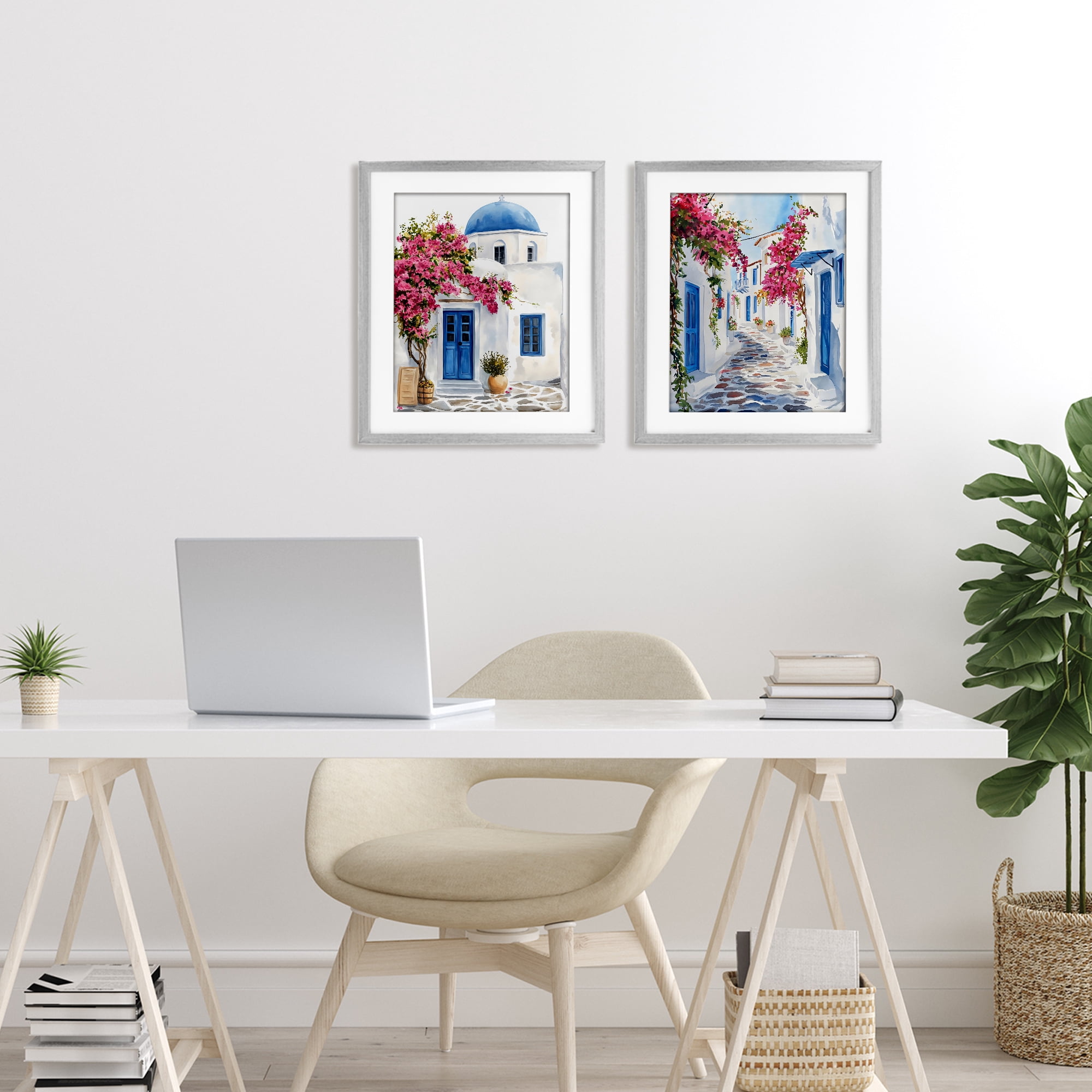 Stupell Industries Santorini House with Pink Tree 2 Piece Gray Framed Print Under Glass Set, design by LSR Design Studio