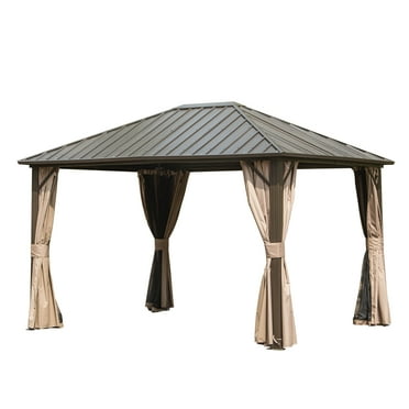 Mondawe 10'x12' Permanent Outdoor Galvanized Steel Roof Gazebo with Aluminum Frame, Pavilion Metal Gazebos with Netting & Curtains for Garden, Patios, Lawns, Parties(Dark Brown)