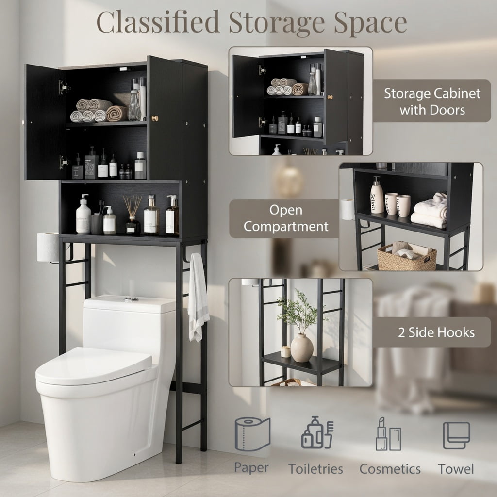 Hommoo Over the Toilet Storage Cabinet with Adjustable Shelf, 2-Door Bathroom Organizer, Black
