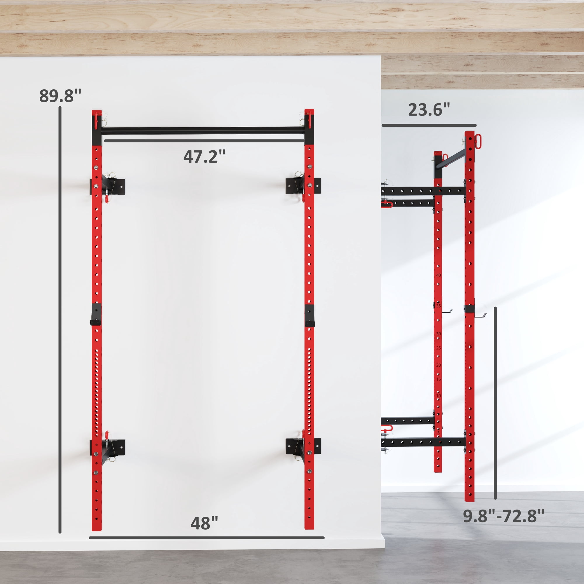 Soozier Folding Squat Rack with Pull Up Bar, Wall Mounted, 1000 Pounds Capacity Power Rack, Red