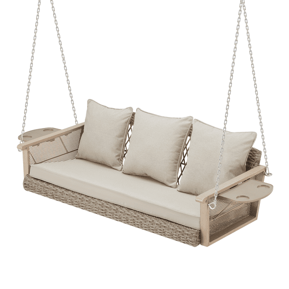 Homrest 3-Person Porch Swing 55in Wicker Hanging Swing Bench with Cushions and Cupholders for Deck, Garden and Backyard, Beige