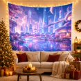 thumbnail image 3 of Neon City Beneath a Ringed Planet, Dreamy Fantasy for Space Lovers, Cityscape Wall Art, Housewarming Gift, Tapestry Wall Hanging for Bedroom, Gaming Room and Studio, 3 of 7