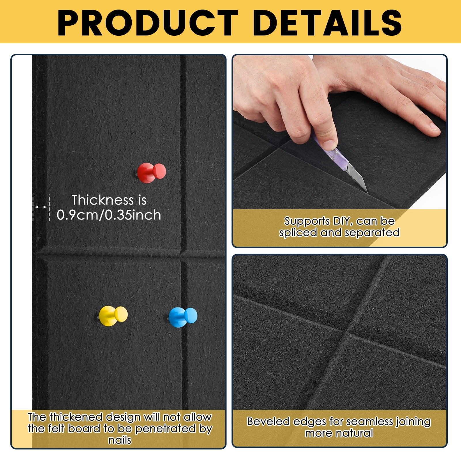 Threns Large Felt Bulletin Board,48" x 36" Cork Board Alternative-12 Pack with 60 Safe Removable Adhesive Tabs,Cork Boards for Walls Cork Board for Home Office Classroom Pin Board (Black)