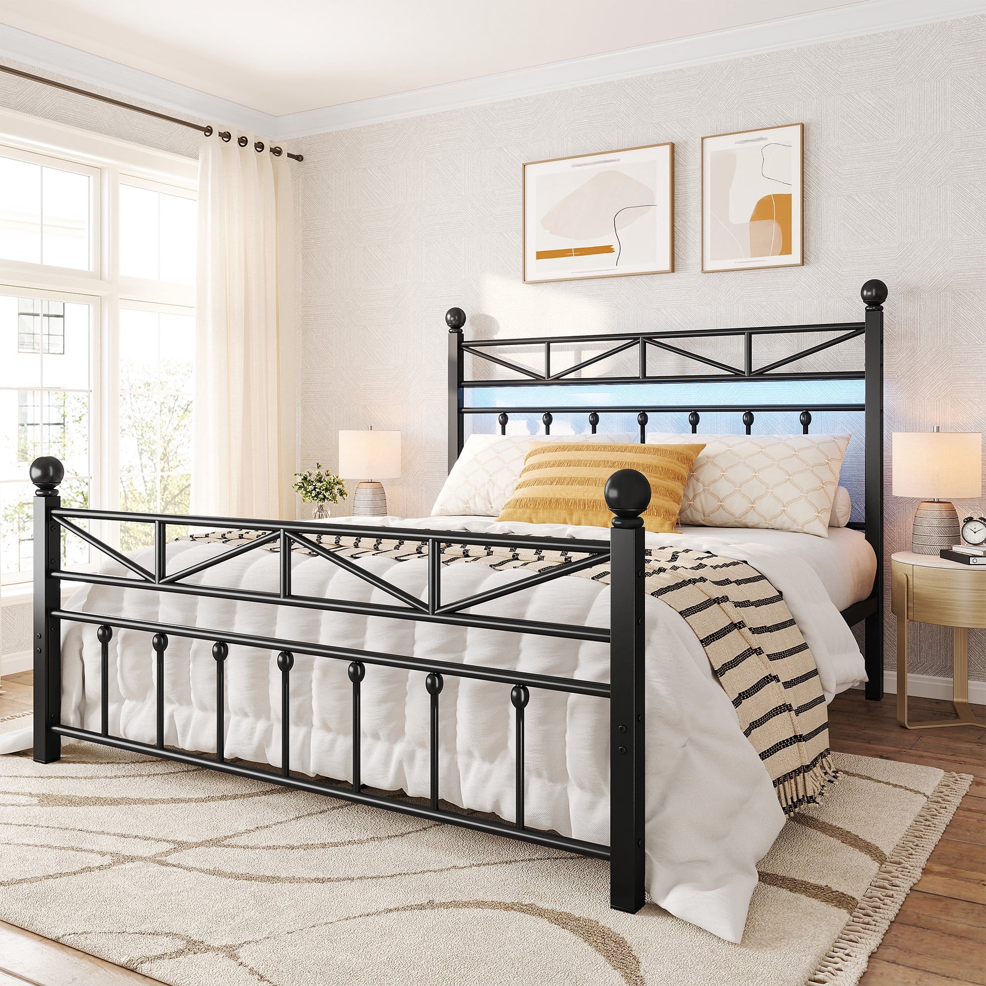 EnHomee Queen Size Metal Platform Bed Frame Metal Bed Frame Queen with Headboard & Footboard Bed Frame with LED Lights & Storage,Noise Free,Black