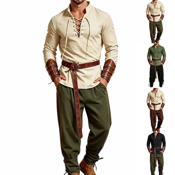 LEKWK Renaissance Costume Men Medieval Costume Lace-Up V-Neck Pirate Shirt Pants with Vintage Belt and Arm Guards for Halloween Cosplay
