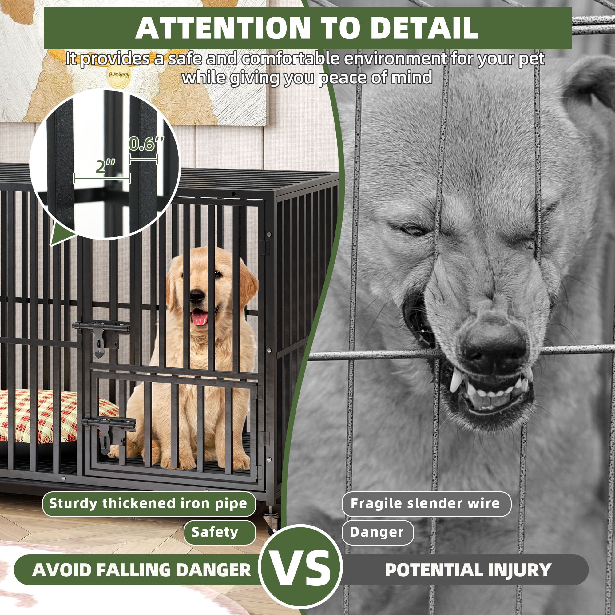 Uforic 42" Heavy Duty Dog Crate for Large Dogs with Lockable Wheels, Dog Kennel with Removable Tray
