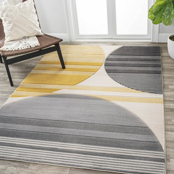 JONATHAN Y UNIQUE 5 x 8 Area Rug, Nicky Striped Circles - Gray/Yellow/Cream, UNQ100A-5