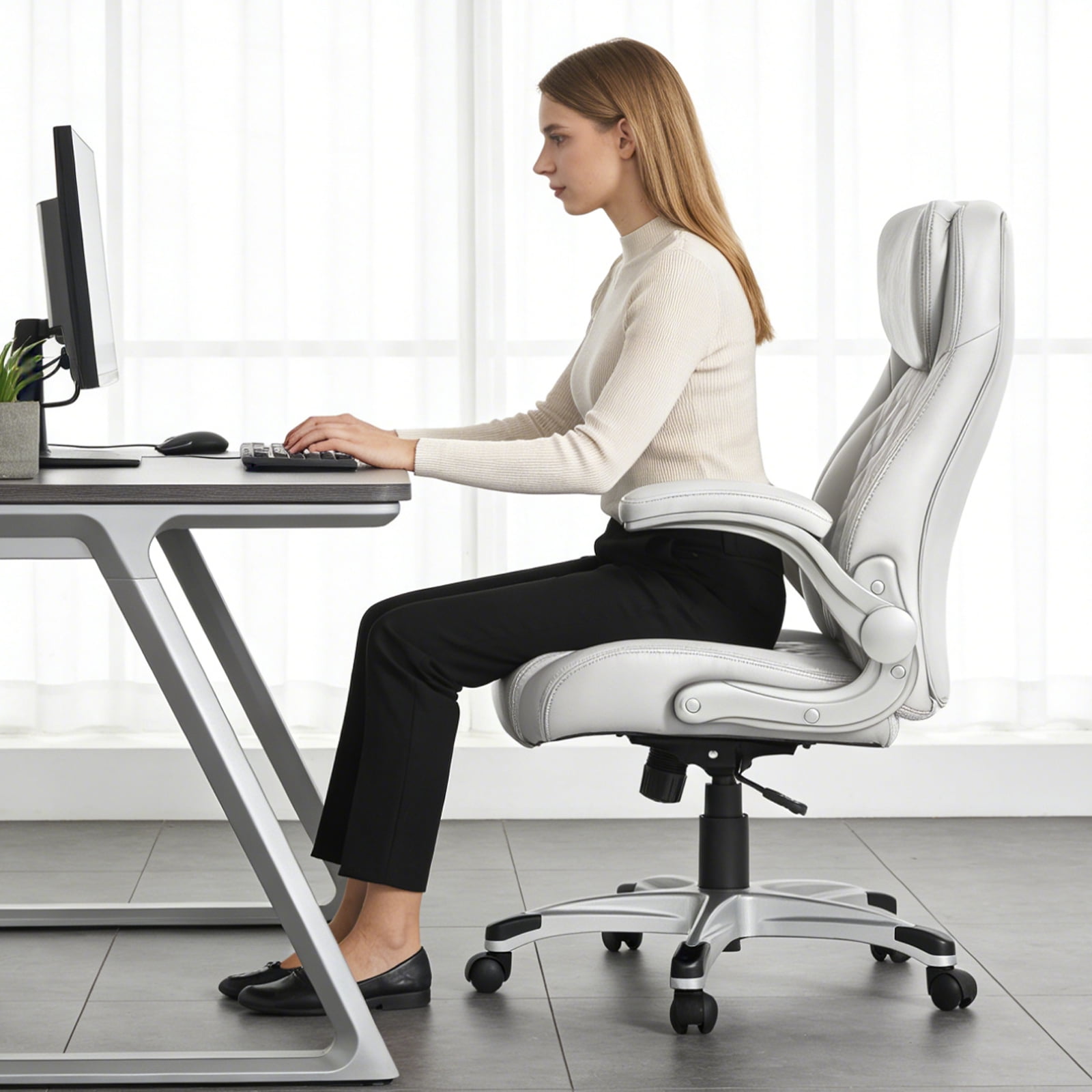 Nouhaus Office Ergonomic Desk High Back Executive Chair with Pop-Out Lumbar Support, Adjustable Headrest, Flip-Up Arms, Leather Home with Thick Cushion for Comfort - White