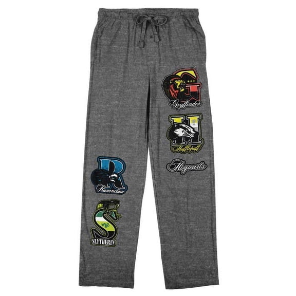 Harry Potter Hogwarts House Badges Men's Charcoal Drawstring Sleep Pants-Large
