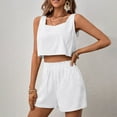 thumbnail image 2 of REORIAFEE Casual 2 Pieces Set for Women Y2K 2023 Summer Outfits Suit Disco Outfit Women's Two Piece Cotton Linen Sleeveless Square Neck Tops Shorts Set White XXL, 2 of 7