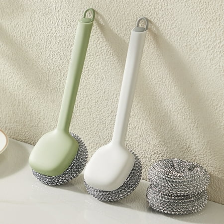 

Callipe Kitchen Pot Cleaning Brush with 3 Detachable Brush Head 360 Degree Cleaning Long Handle Wire Bristle Dishes Pans Cleaner