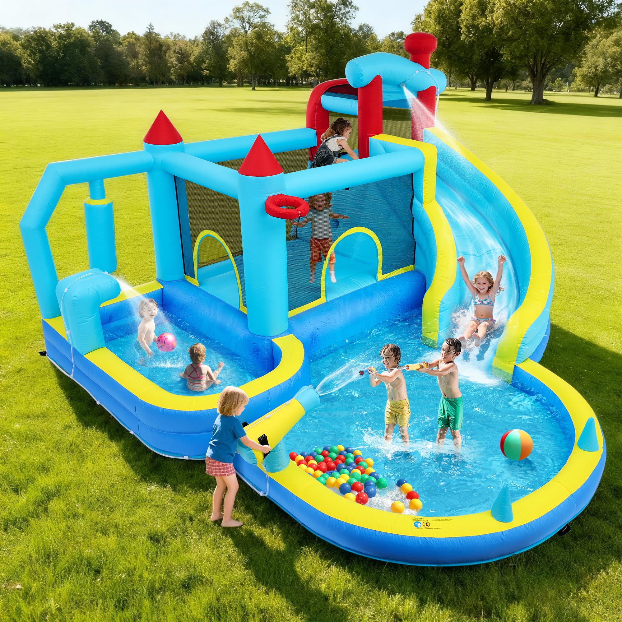 Inflatable Bounce House for Kids, Inflatable Water Slide with Blower, Climbing Wall, Jumping, Splash Pool, Basketball Hoop for Boys and Girls Indoor Outdoor Backyard