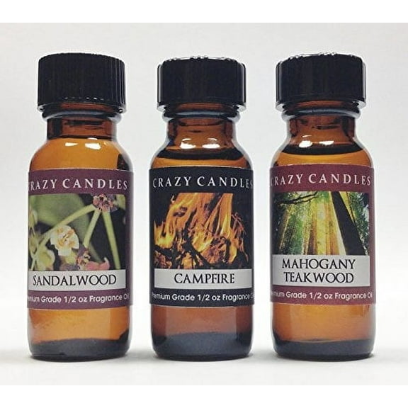 3 Bottles Set, 1 Sandalwood, 1 Campfire, 1 Mahogany Teakwood 1/2 Fl Oz Each 15ml Premium Grade Scented Fragrance Oils By Crazy