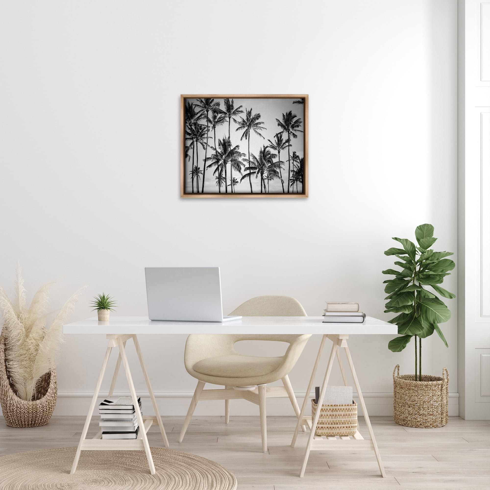 Stupell Industries Black & White Palm Trees Skyline Botanical & Floral Photography Brown Floater Framed Canvas Art Print Wall Art, 31 x 25