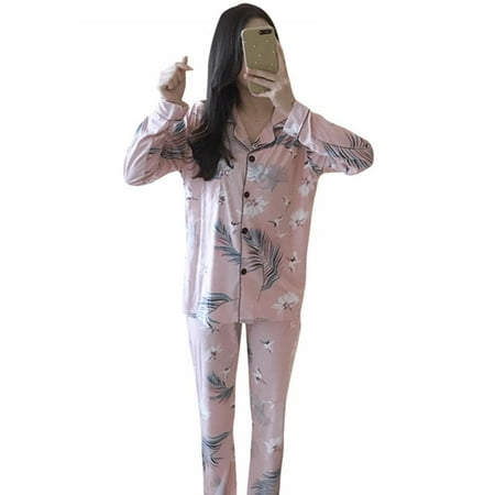 

Final Clear Out!Fashion Leaf Print Loose Casual Suit Home Service Button Cardigan Suit Pajamas Two-piece