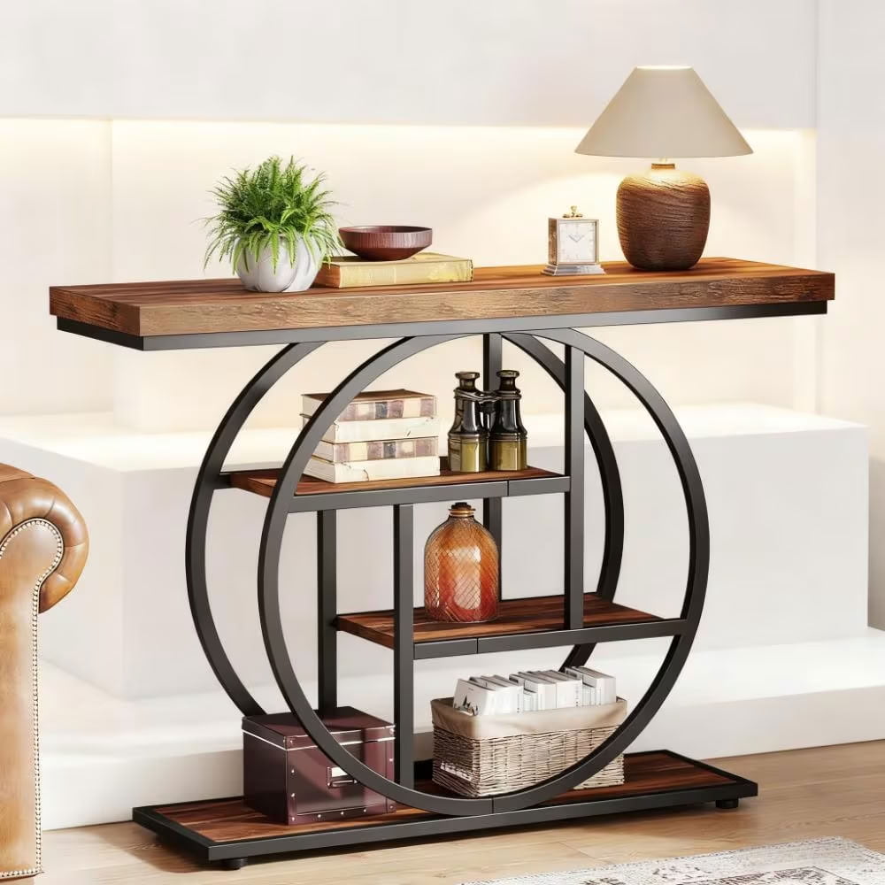 MAYEERTY 41.3" Industrial Console Table, 4-Tier Wood Accent Sofa Table for Entryway, Hallway, Living Room, Narrow Design