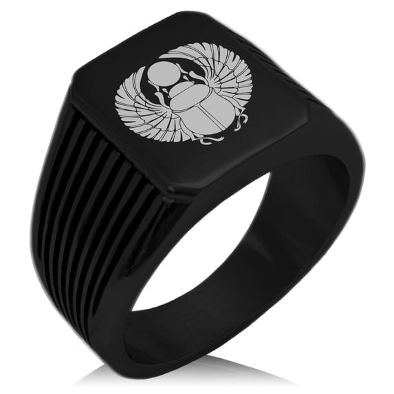 Stainless Steel Scarab Beetle Rising Sun Needle Stripe Pattern Biker Style Polished Ring
