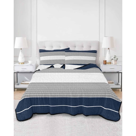 Quilts Full Size, Navy Blue Grey Stripe Soft Comforter Bedding Set for Bed, Modern Art Horizontal Striped Lightweight Quilted Bedspread with Pillow Cover(2 Pieces) for All Season, 78x90 Inch