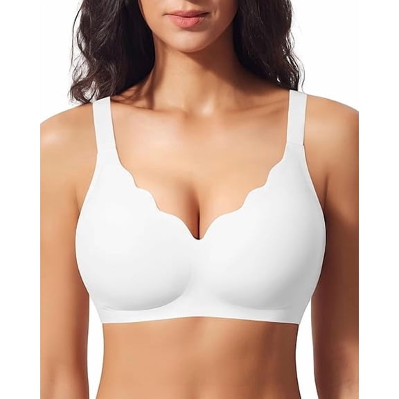 Werena Womens Scalloped No Underwire Bras Wireless Seamless V Neck Bra with Medium Support and Lift T Shirt Bralette