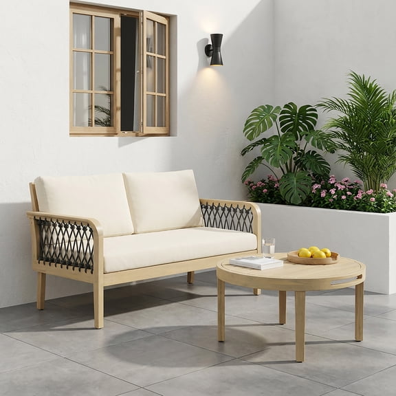 Christopher Knight Home Modern Outdoor Loveseat and Coffee Table Set, Handwoven Rope, Light Teak