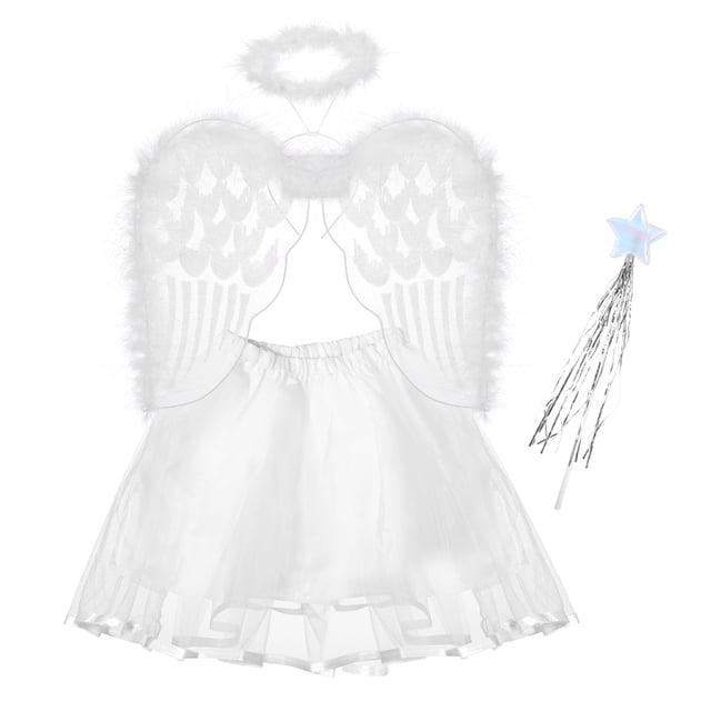 BESTOYARD - Conjunto de 4 disfraces de ángel con diadema, alas, varita y falda tutú para niñas (ángel)
