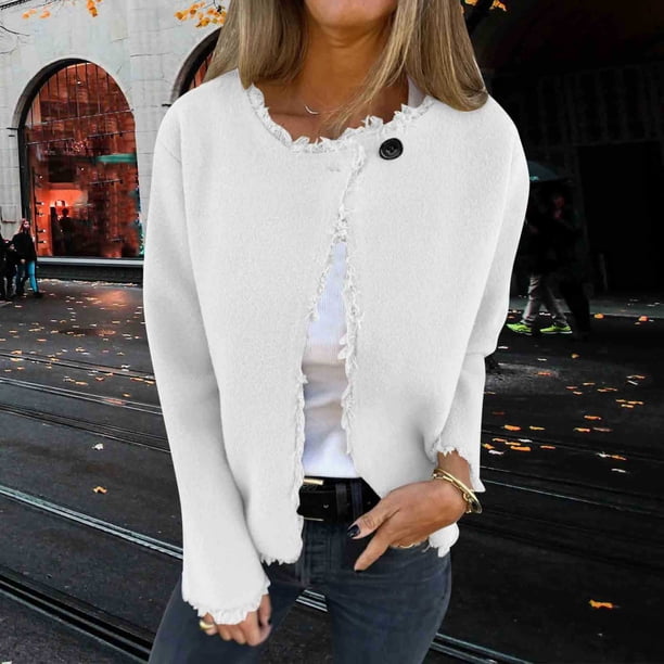 HongQid Women's Wool Blend Fall Business Cardigan Collarless Long Sleeve Button Jacket