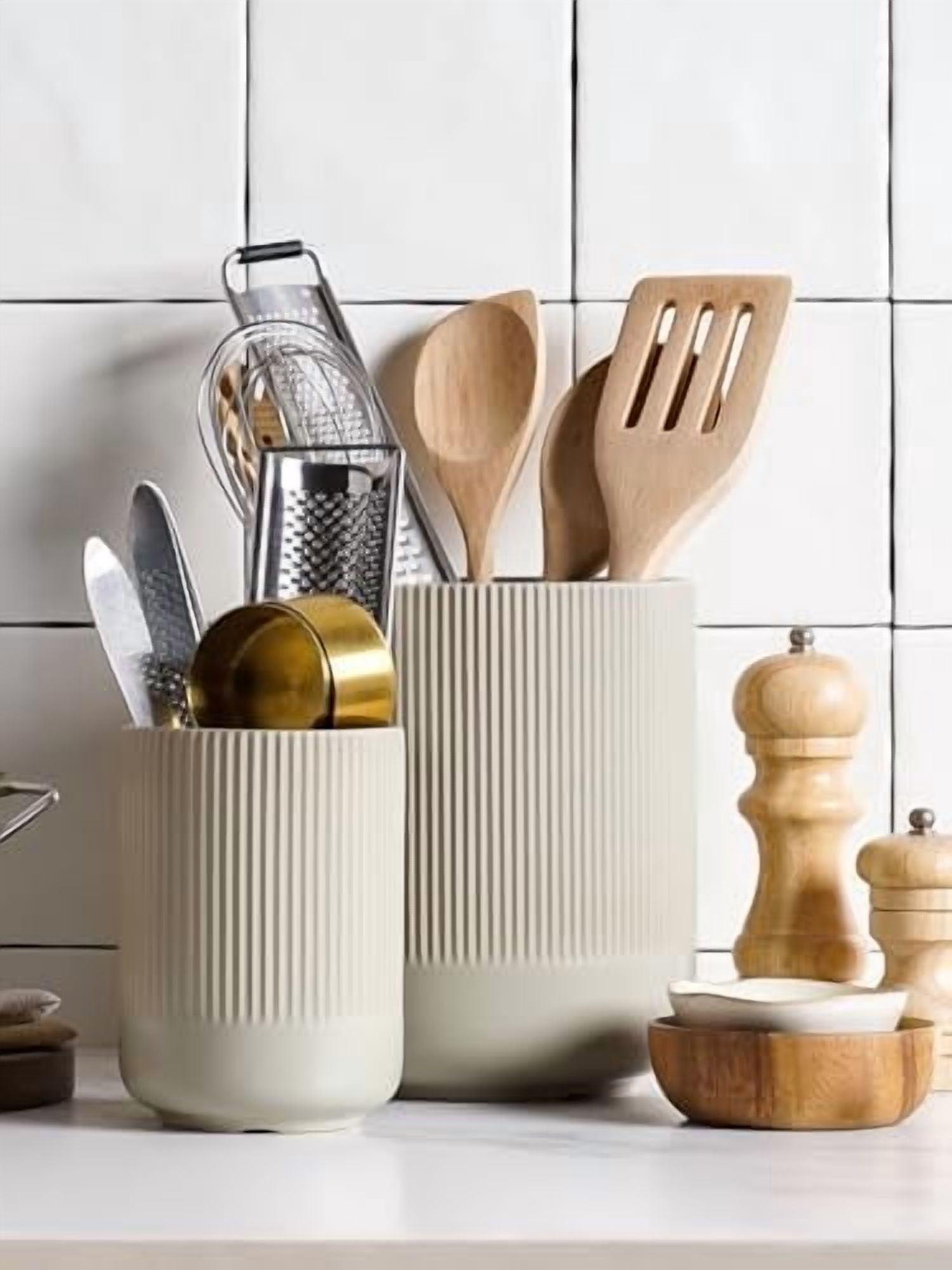 Utensil Holder for Kitchen Counter, 7.3"+5.4" Fluted Ceramic Utensil Crock Organizer for Countertop, Heavy Large Holder for Spatulas, Spoons, Set of 2, Oatmeal Greige