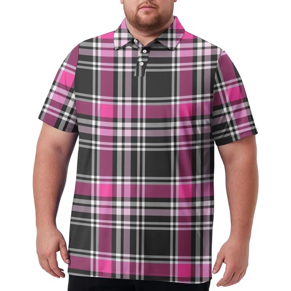 Domzest Men's Big and Tall Polo Shirts Short Sleeve Moisture Wicking Plus Size T Shirts Quick Dry Collared Plaid Golf Shirt Pink 6XL