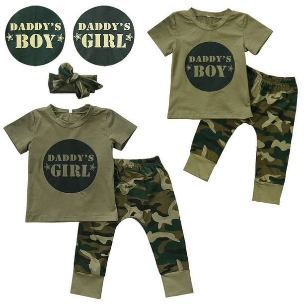 Itfabs Fashion Kids Infant Baby Boy Girl Daddy's Camo T-Shirt Tops Pants Casual Outfits Set Clothes Green Daddy's Boy 0-6m