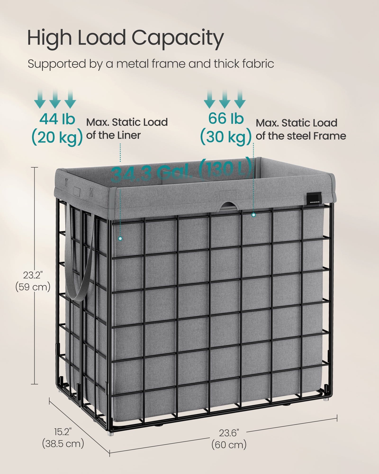 34.3 Gal Laundry Hamper, Collapsible Clothes Basket with Removable Washable Liner & Metal Frame, 66 lb Capacity for Bedroom Bathroom, Black and Gray