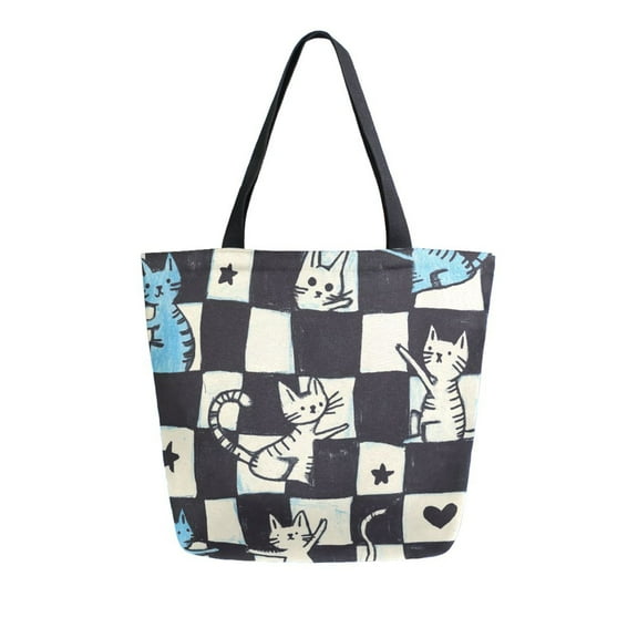 FORMRS Womens Canvas Tote Bag with Zipper Inner Pocket Shoulder Handbag, Blue and White Cat
