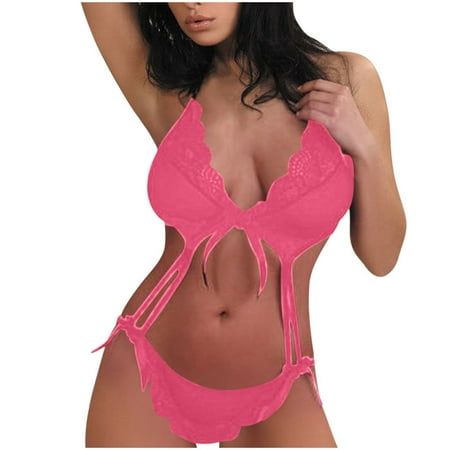 Clearance!Uooqdmx Bodysuits for Women Lace Underwear Bra Straps and Set Panty Corset Hot Pink M
