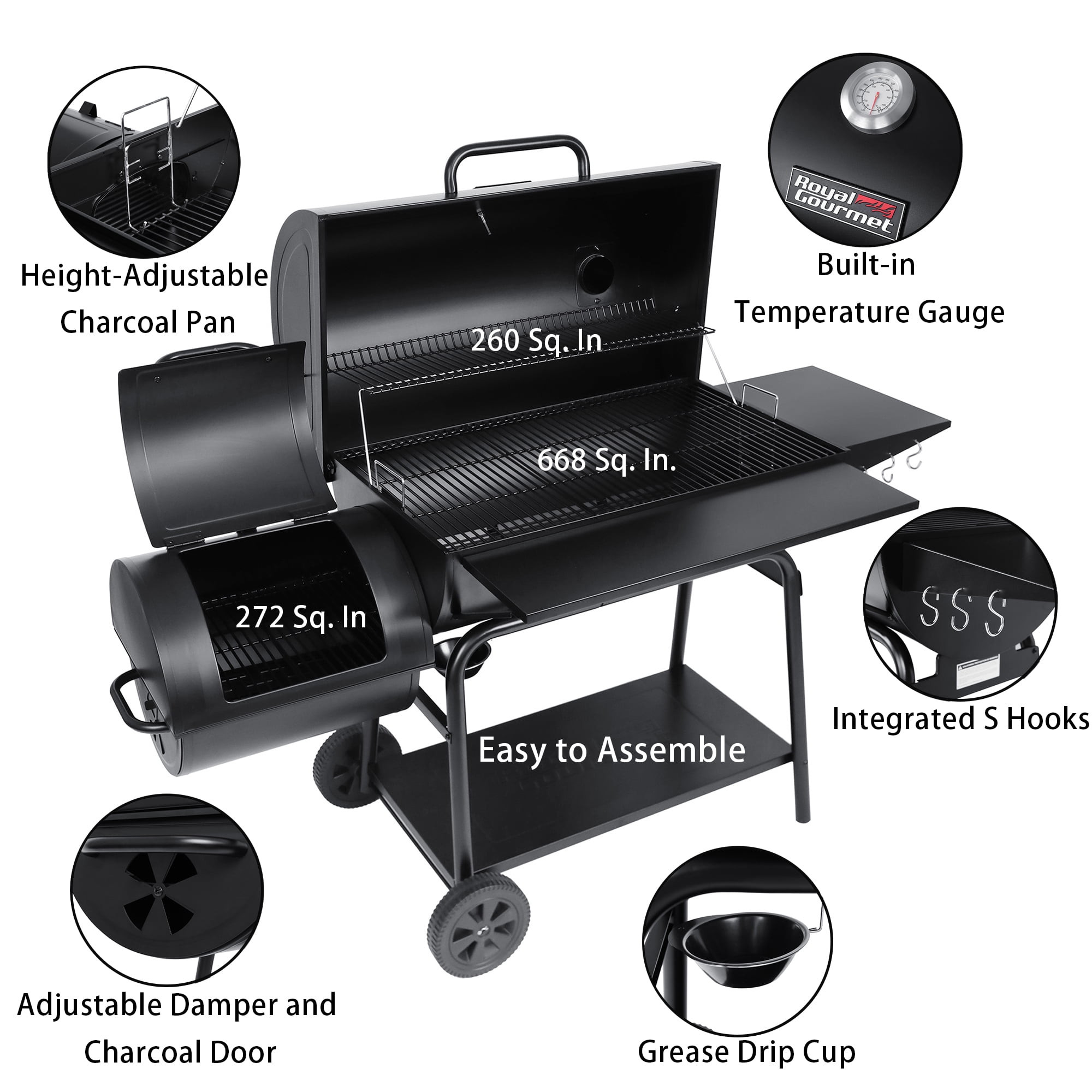 Royal Gourmet CC2036F 36" Charcoal Barrel Grill with Offset Smoker
