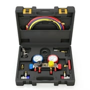 4 Way AC Manifold Gauge Set Fits R134A R410A and R22 Refrigerants with 5 Feet Hose, 3 Acme Tank Adapters, Adjustable Couplers and Can Tap