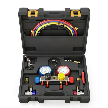 4 Way AC Manifold Gauge Set Fits R134A R410A and R22 Refrigerants with 5 Feet Hose, 3 Acme Tank Adapters, Adjustable Couplers and Can Tap