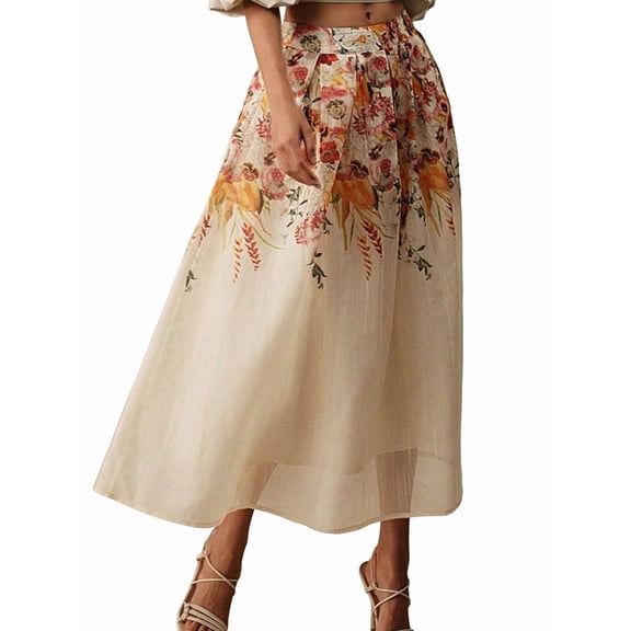 Women'S A-Line Vintage Print Skirt Light Yellow L
