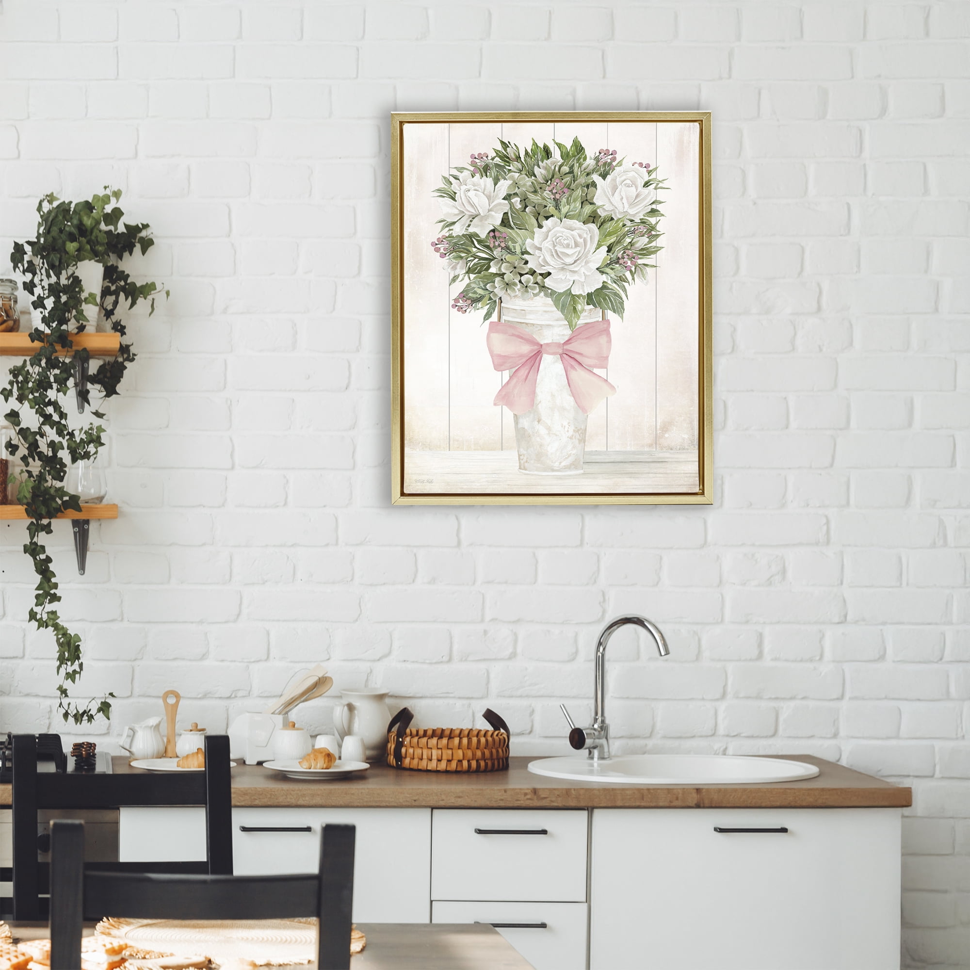 Stupell Industries Pretty In Pink Roses & Bow Gold Framed Floater Canvas Wall Art, design by Cindy Jacobs