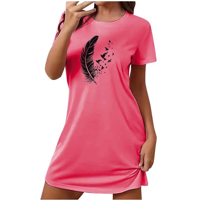 Tnhcen Robe Mignonne Imprimée Grande Taille Manches Courtes Col Rond Vêtements de Nuit Extensibles Polyester Spandex P-2TG pour Détente Quotidienne/sommeil Confortable