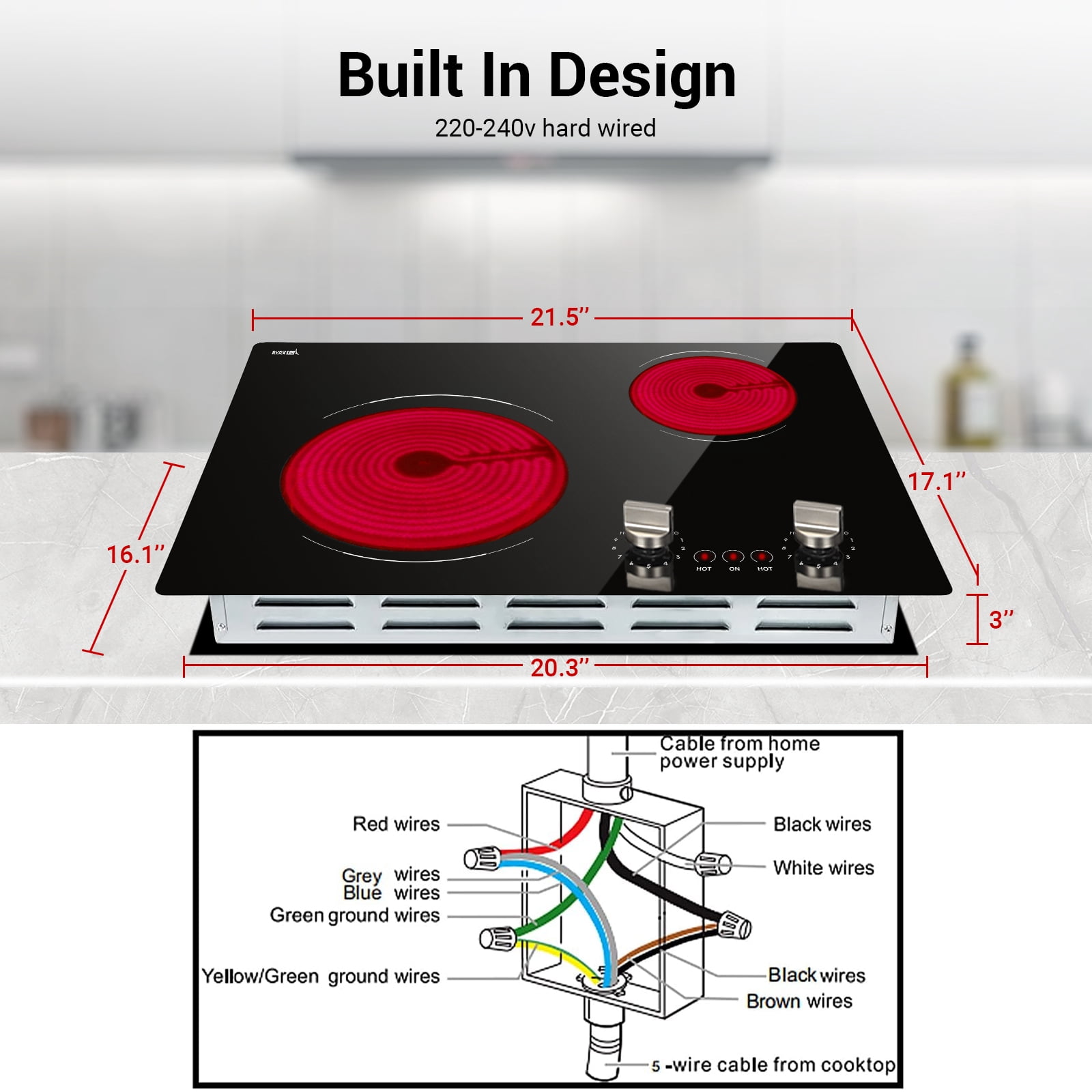 21 Inch 2 Burners Electric Cooktop 3700W Apartment Electric Stove Top Double Radiant, UL Certified, 9 Heating Level Knob Control, Overheating Protection, 110V-240V Ceramic Glass Cooktop