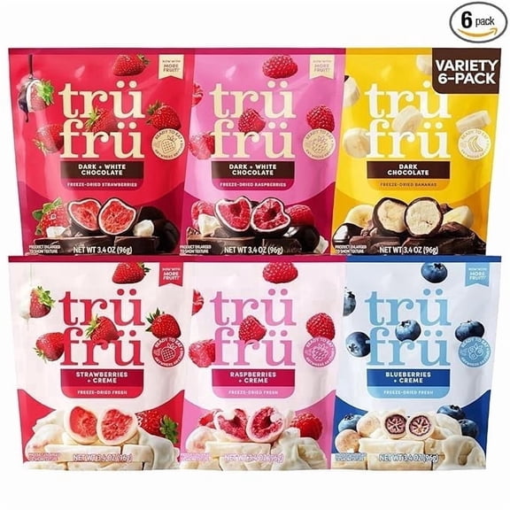 Tru Fru Freeze-Dried Chocolate Covered Fruit Variety Pack, Strawberries, Raspberries, Bananas, Strawberries & Crème, Raspberries & Crème, Blueberries & Crème, 3.4 oz Bags 6 count