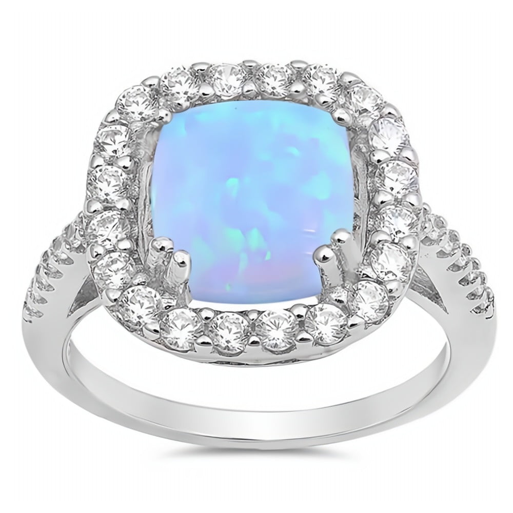 Glitzs Jewels 925 Sterling Silver Created Opal Ring Jewelry Gift for Women Light Blue With Clear CZ 