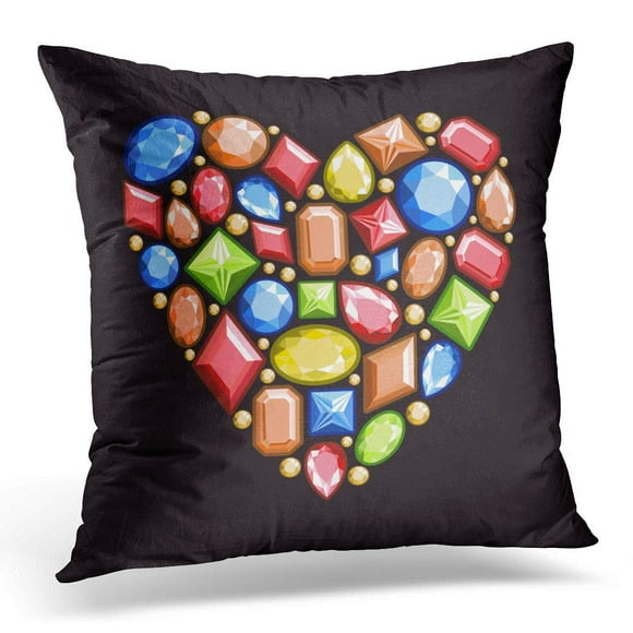 BOSDECO Adamant of Jewels in the Form Heart Precious Stones Red Blue Yellow and Orange Colors Adornment Pillowcase Pillow Cover Cushion Case 20x20 inch